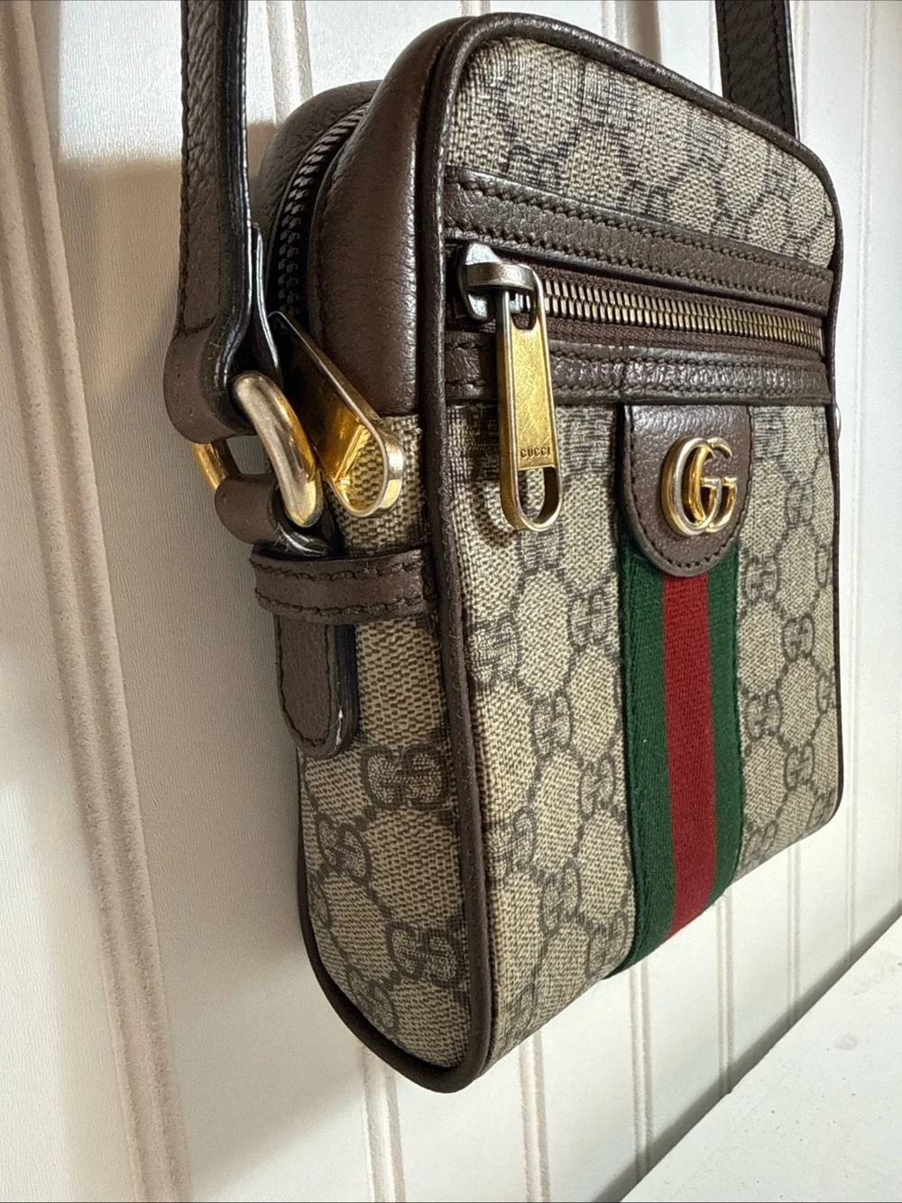 Gucci Brown GG Supreme Messenger with Green and Red Web cross body